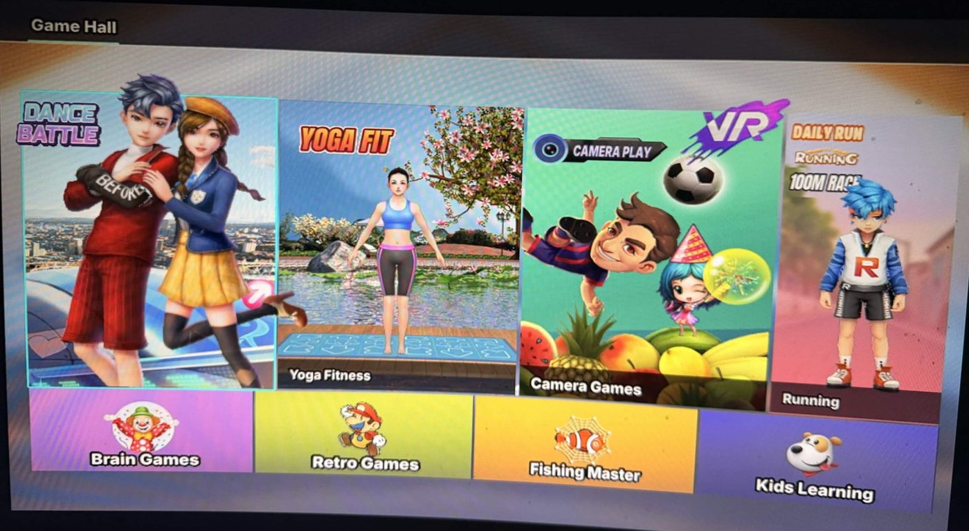 The main menu, now in English: Dance Battle, Yoga Fit, Camera Play, Running, Brain Games, Retro Games, Fishing Master, Kids Learning