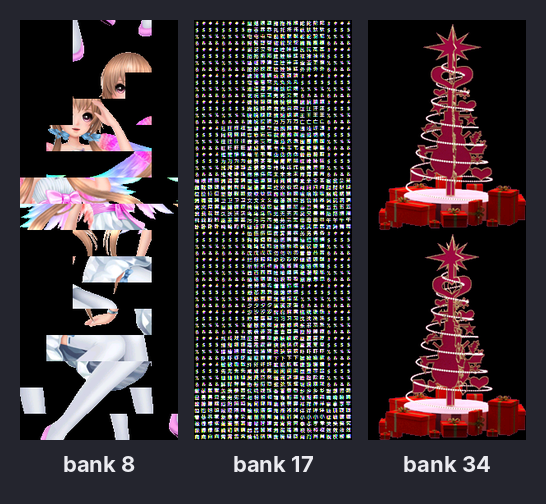 The same sprite sheet decoded against three different banks: fragments of a character, font glyph noise, and the correct Christmas tree