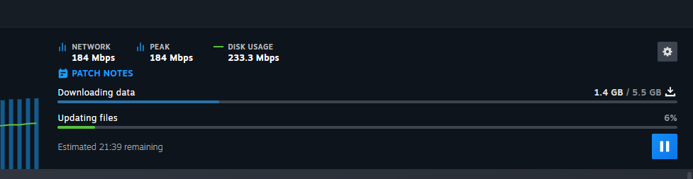 Steam download screenshot showing a sustained run around 140-170 Mbps